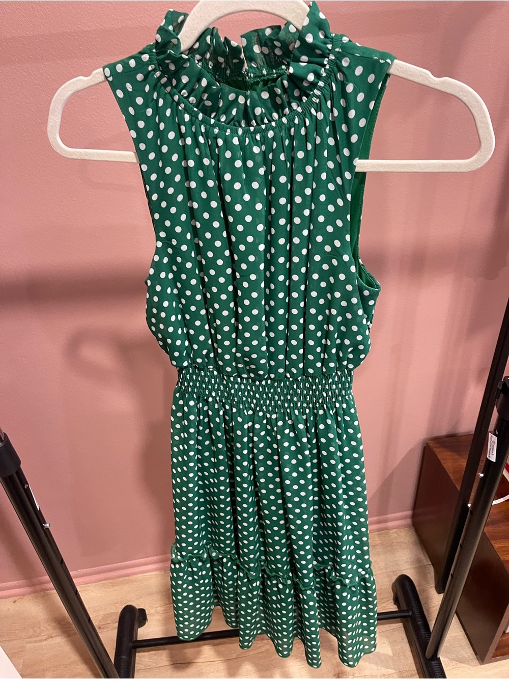 Green Polka Dot Sleeveless Sundress with Smocked Waist